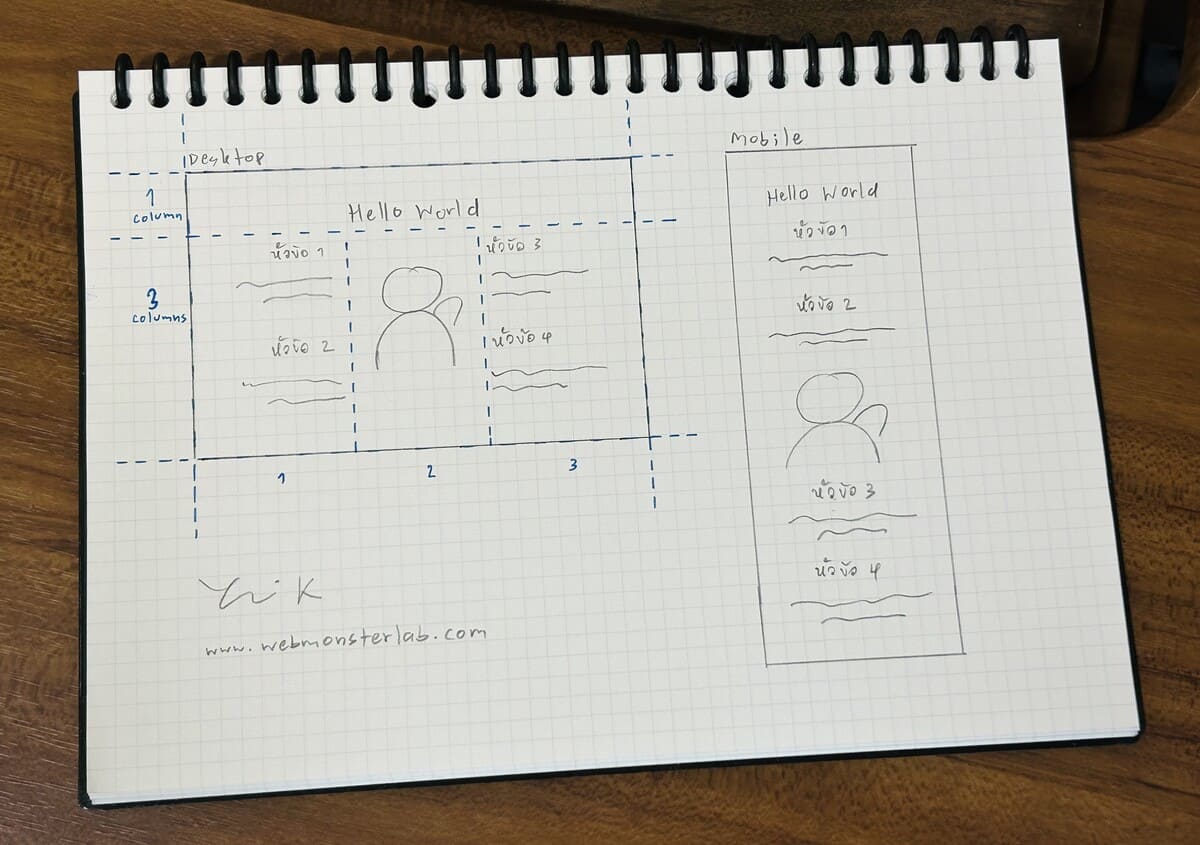 ร่างแบบในกระดาษ - สอนวิธีใช้ WordPress Elementor ออกแบบ Features รูปตรงกลาง - ตัวฟรี